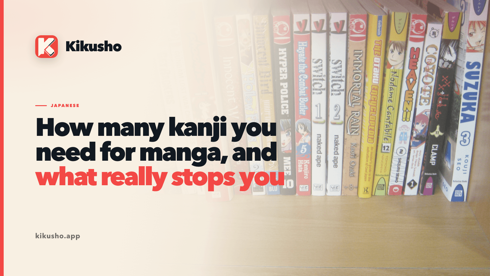 A long row of manga volumes shelved spine out on pale wood, their coloured spines receding into soft light.