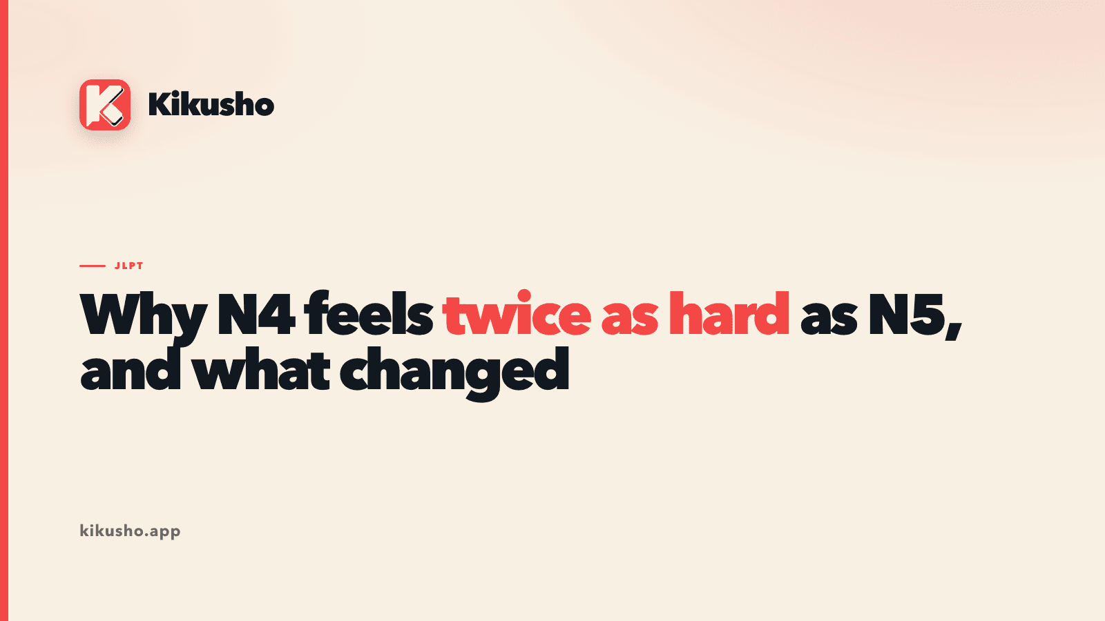 Cream Kikusho title card reading "Why N4 feels twice as hard as N5, and what changed," with "twice as hard" set in coral.