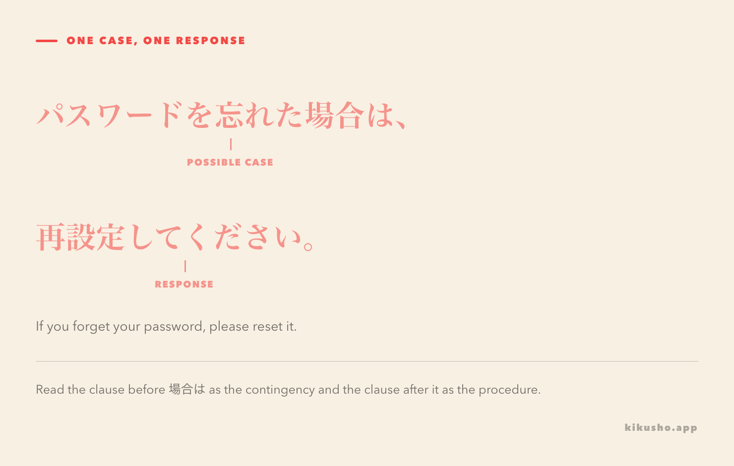 A Japanese 場合は sentence split into the possible case and the response assigned to it.