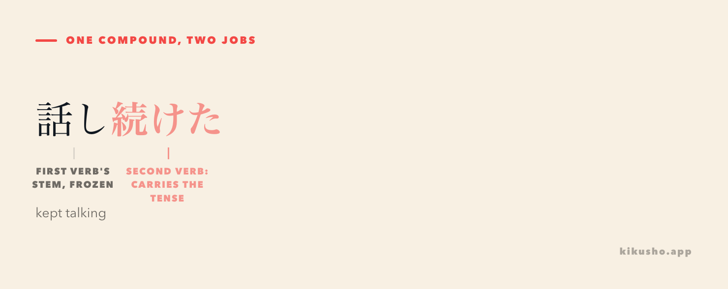 The sentence 話し続けた broken into two labelled parts: 話し, marked "first verb's stem, frozen," and 続けた, picked out in coral and marked "second verb: carries the tense," with the gloss "kept talking" underneath.