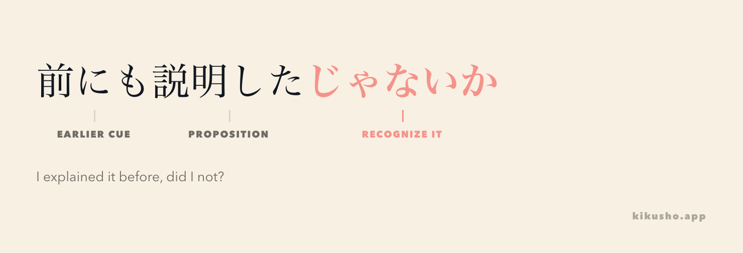 The sentence 前にも説明したじゃないか is split into the earlier-time cue, the proposition “explained,” and the ending that asks the listener to recognize it.