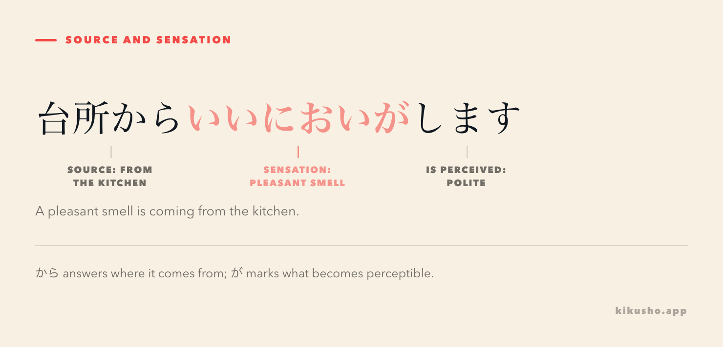 The sentence 台所からいいにおいがします is split into the source marked by から, the sensory noun marked by が, and the polite predicate.
