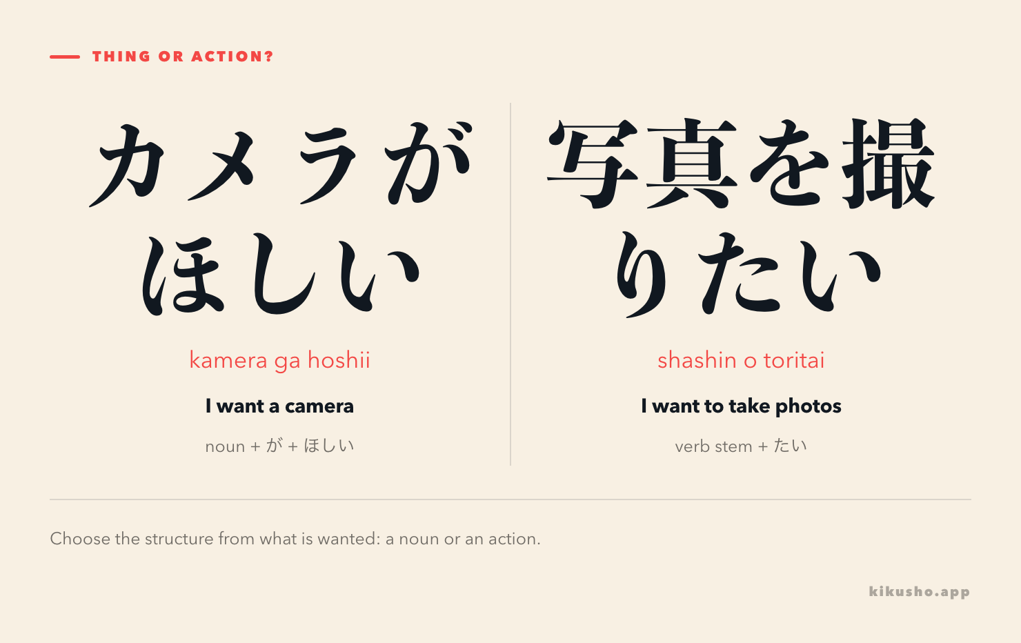 Two panels contrast カメラがほしい, wanting a camera, with 写真を撮りたい, wanting to take photographs.