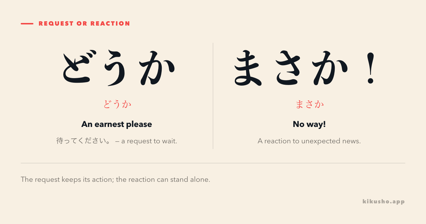 A request, どうか、待ってください, asks someone to wait; the standalone reaction まさか! expresses disbelief at unexpected news.