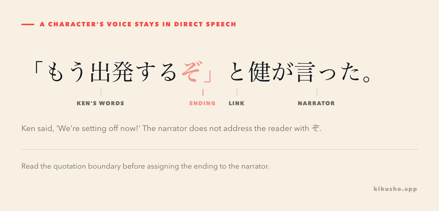 A quoted departure line separated into direct speech, the quotation link と and the narrator's reporting clause.