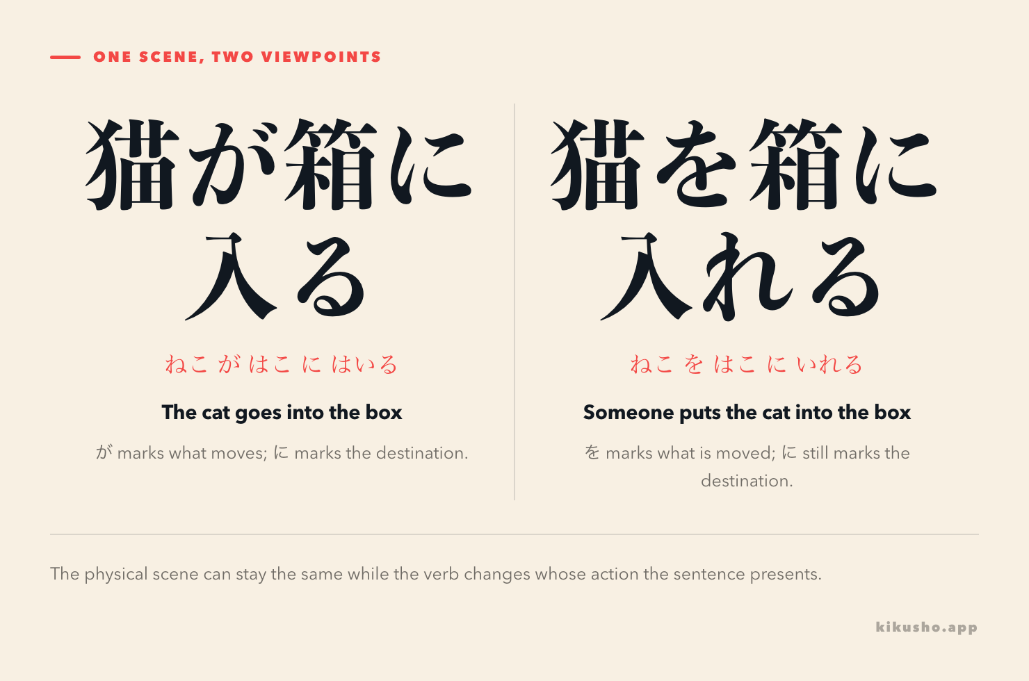 Two side-by-side scenes. On the left, 猫が箱に入る focuses on the cat entering a box. On the right, 妹が猫を箱に入れる focuses on a person putting the cat into the box. The particles が, を and に are highlighted.