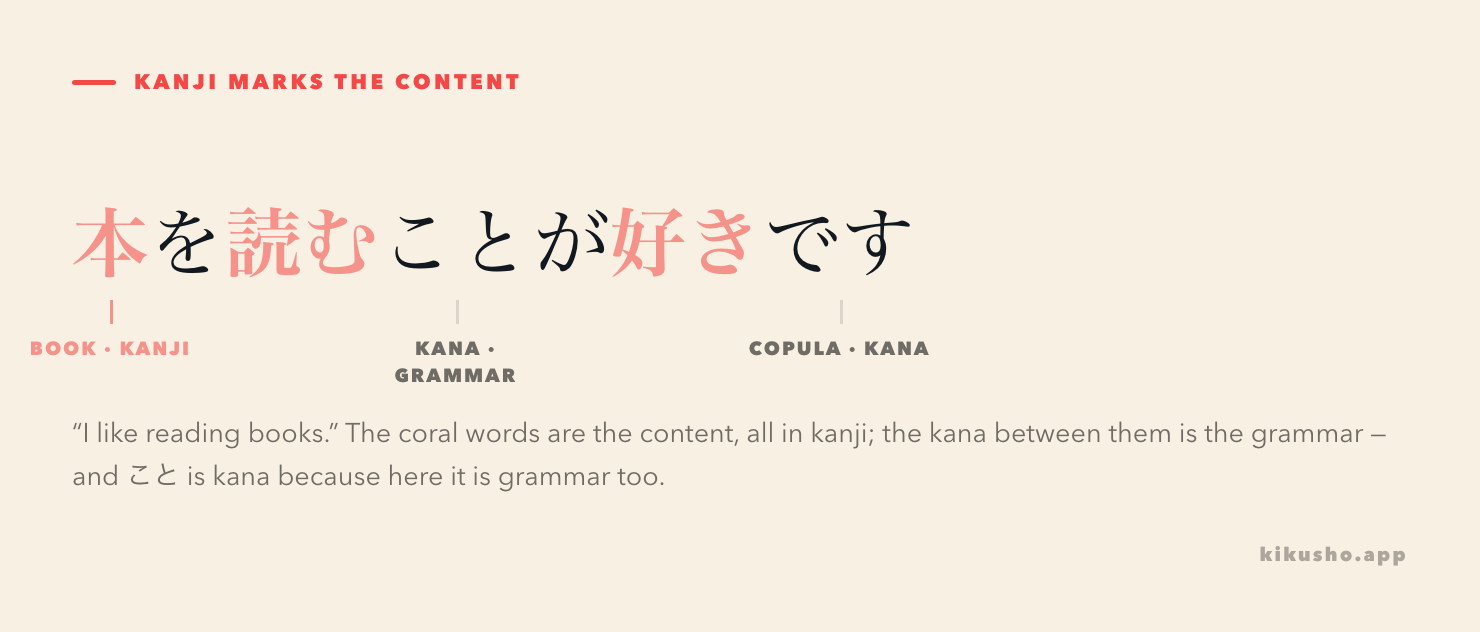 The sentence 本を読むことが好きです with its content words 本 (book), 読む (read) and 好き (like) picked out in kanji, while the grammar around them — を, が, です and こと — stays in kana.