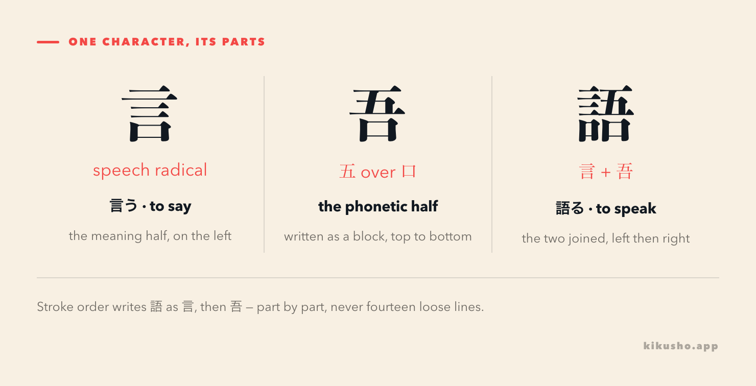 Three panels assembling 語 from its parts: 言, the speech radical, as in 言う (to say); 吾, the phonetic half, itself 五 over 口; and 語, as in 語る (to speak), the two joined left then right.