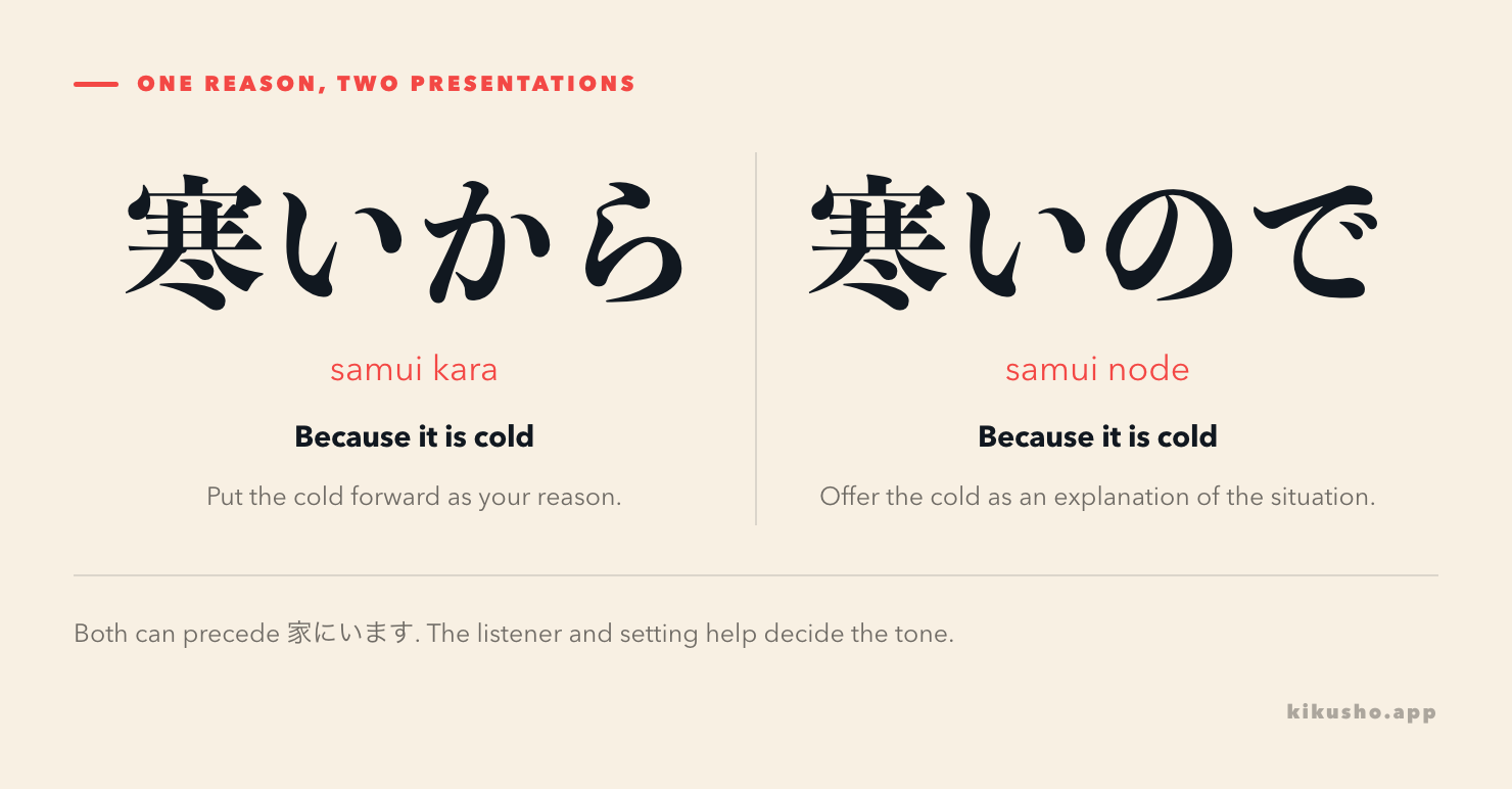 Two panels contrast 寒いから and 寒いので, keeping the cold-weather reason unchanged while showing an explicit reason versus a circumstantial explanation.