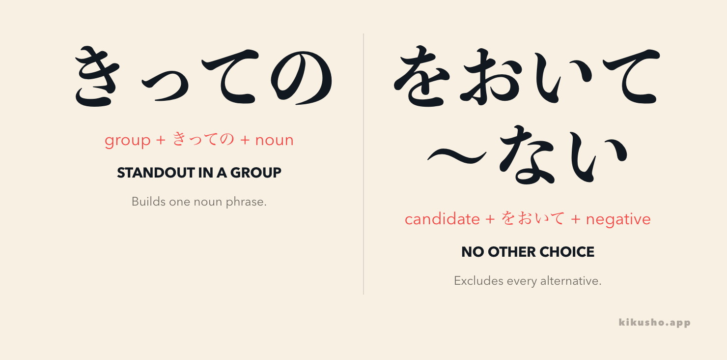 Two panels contrast きっての as a standout inside a group with をおいて~ない as the only candidate left after alternatives are excluded.