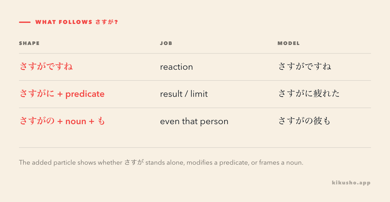 A grid shows standalone さすが, adverbial さすがに and noun-modifying さすがの, with the relationship each one marks.