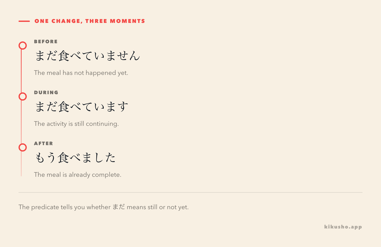 A three-stage timeline places まだ食べていません before lunch, まだ食べています during it and もう食べました after completion.