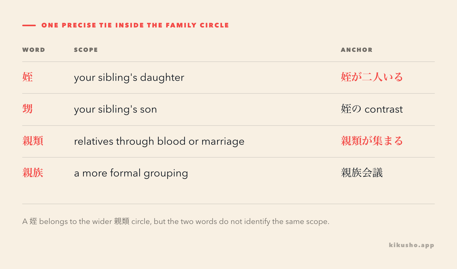 A family-circle grid places 姪 as one precise relationship inside the broader category 親類.
