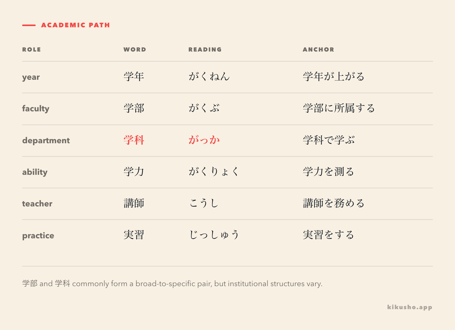 Nine N2 education words grouped into academic structure, learning and examination roles.