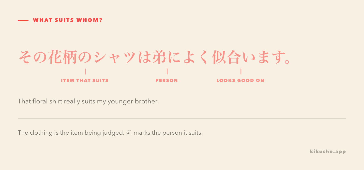 The sentence その花柄のシャツは弟によく似合います labels the floral shirt as the item that suits and 弟に as the person it suits.