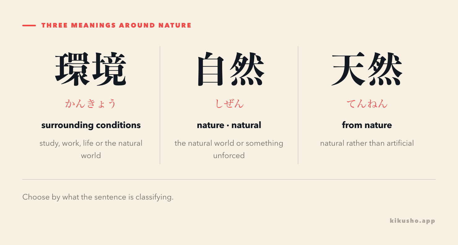 環境 means surrounding conditions, 自然 means nature or natural behaviour, and 天然 classifies something as coming from nature.