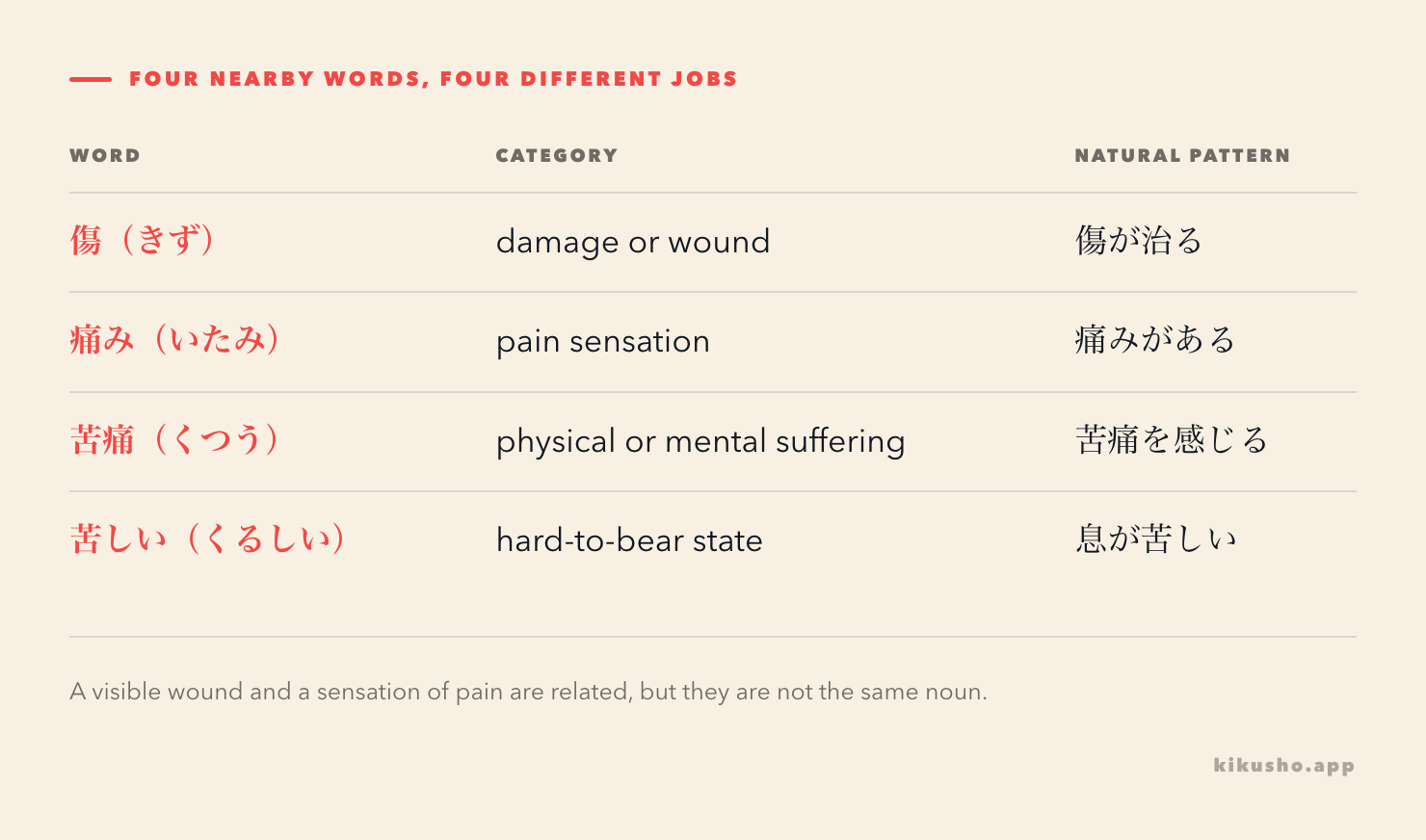 A four-part comparison separates a wound, a pain sensation, wider suffering and a hard-to-bear state.