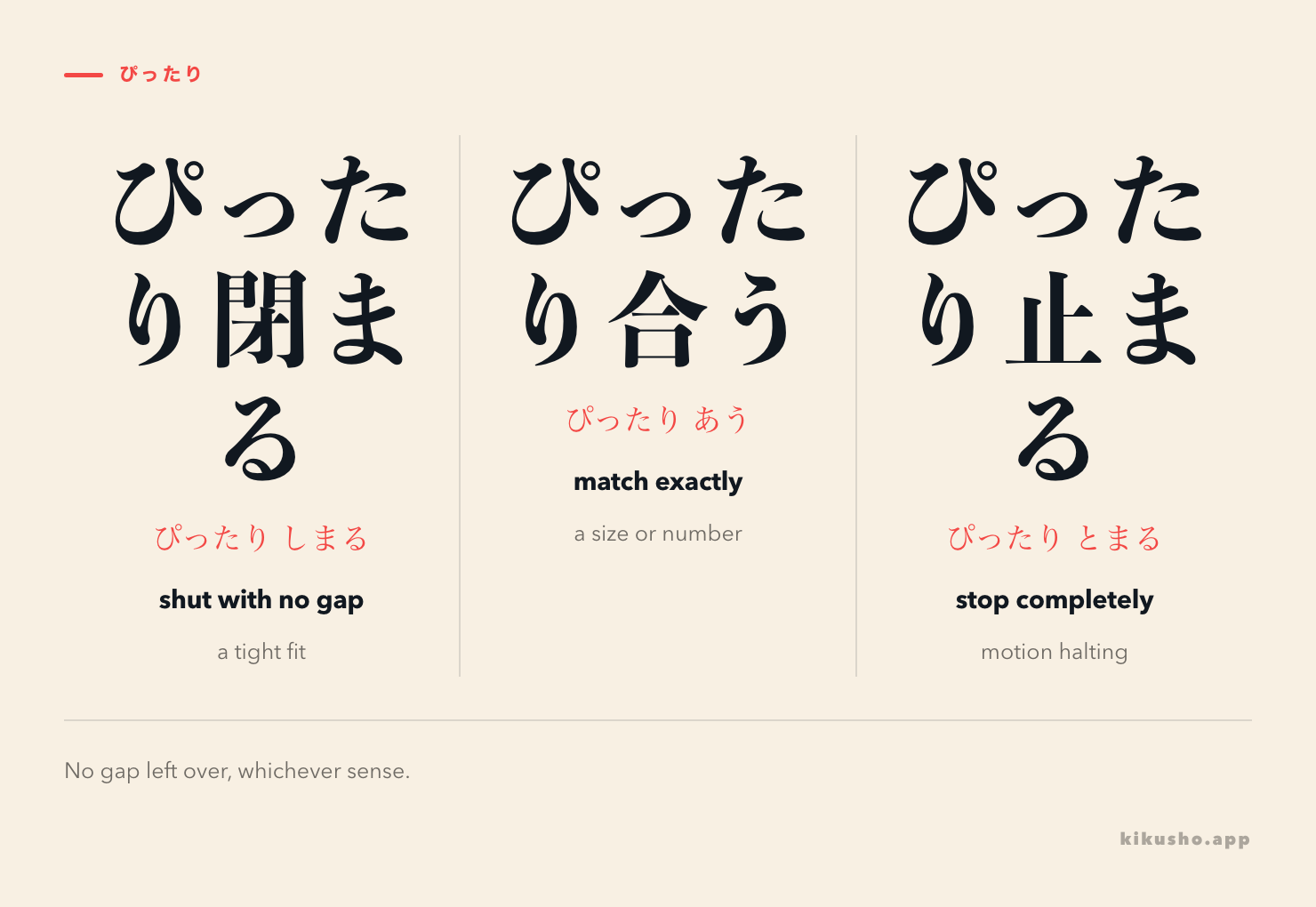 Three panels for ぴったり: a window sealing shut with 閉まる, two figures matching with 合う, and a motion halting with 止まる.