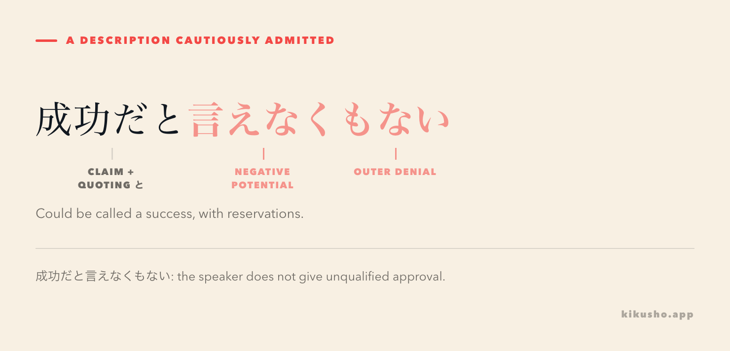 成功だと言えなくもない is separated into the proposed judgment, quoting particle と, negative potential 言えなく and outer denial もない.