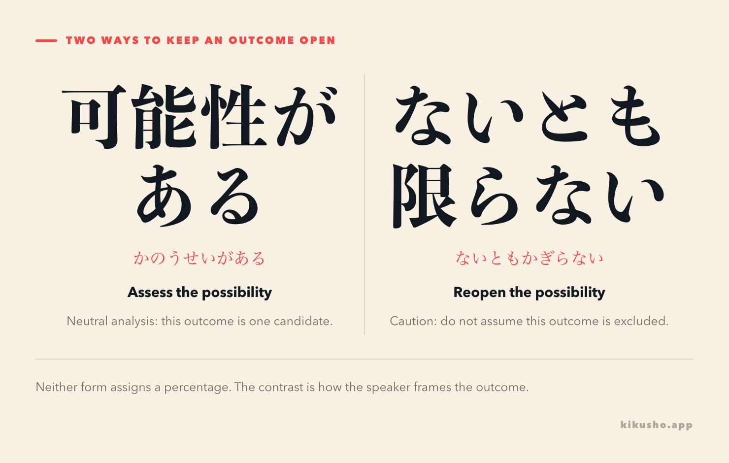 Two panels contrast a neutral possibility assessed with 可能性がある and an overlooked possibility reopened with ないとも限らない.