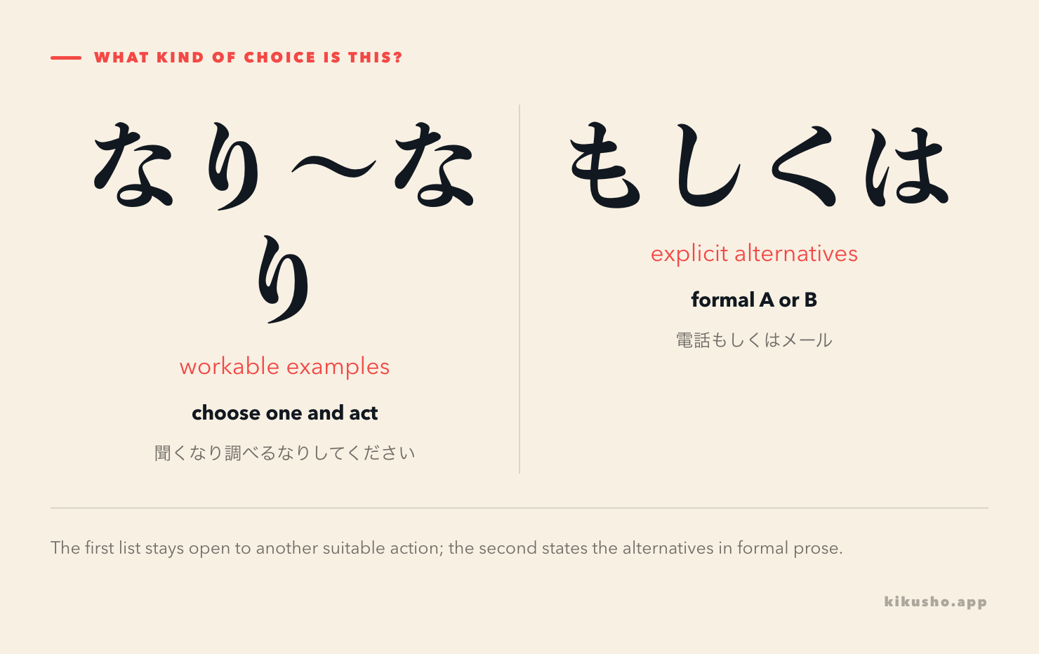 Two panels show なり～なり offering examples that lead to action and もしくは formally joining the stated alternatives.