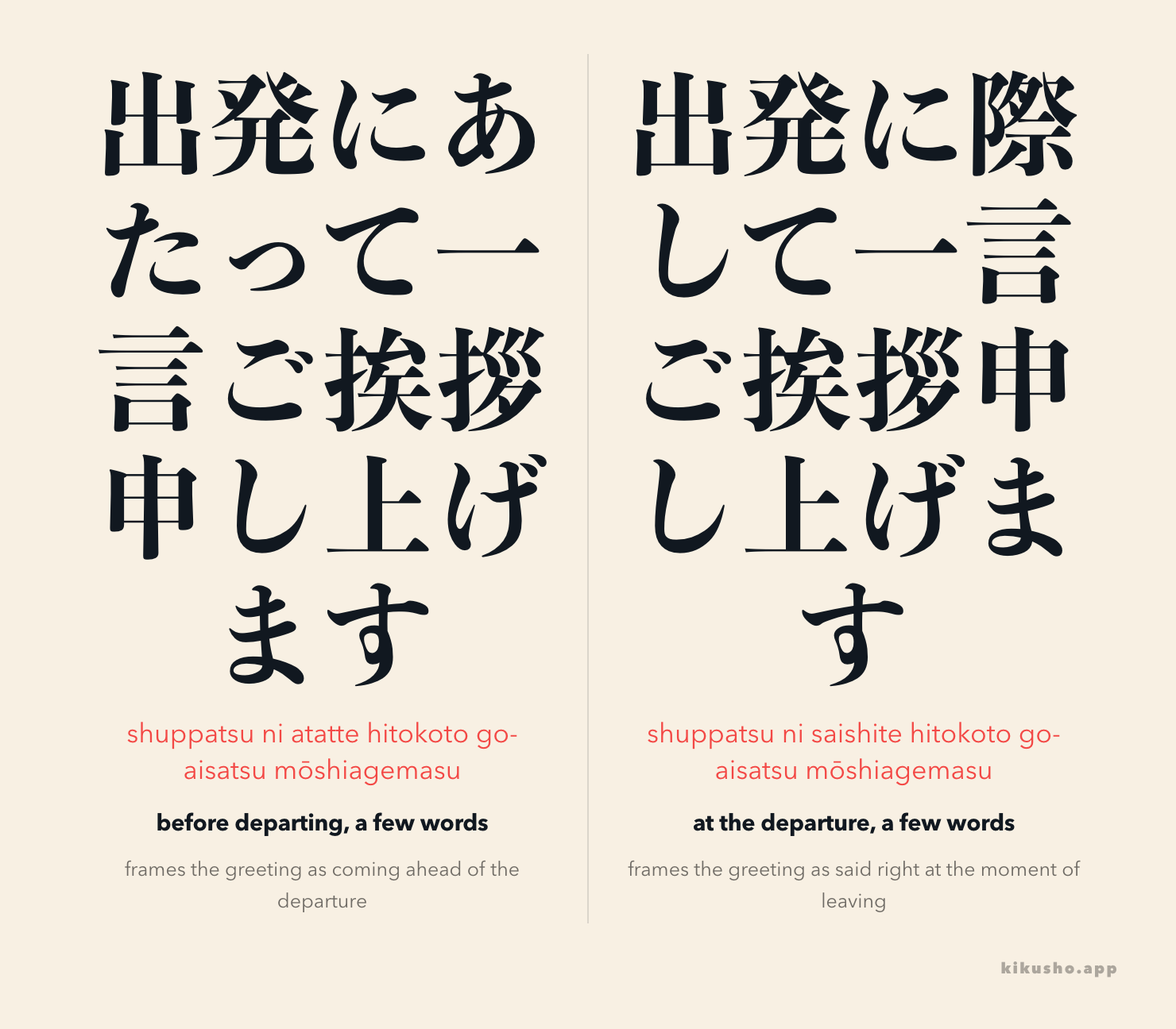 Two panels side by side. Left: 出発にあたって一言ご挨拶申し上げます, reading shuppatsu ni atatte hitokoto go-aisatsu mōshiagemasu, gloss "before departing, a few words," note that it frames the greeting as coming ahead of the departure. Right: 出発に際して一言ご挨拶申し上げます, reading shuppatsu ni saishite hitokoto go-aisatsu mōshiagemasu, gloss "at the departure, a few words," note that it frames the greeting as said right at the moment of leaving.