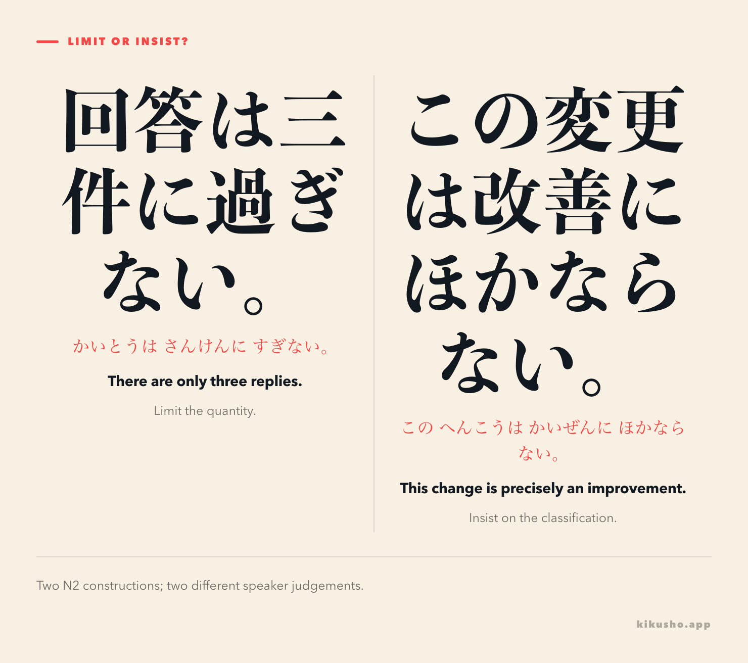 Two panels contrast 回答は三件に過ぎない, only three replies, with この変更は改善にほかならない, precisely an improvement.