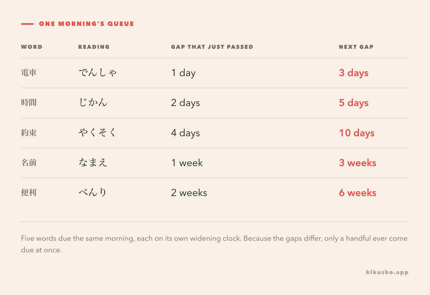 A five-row table of Japanese words due for review on one morning, each showing the gap that just passed and the next, longer gap, with the widening next-gap column highlighted.