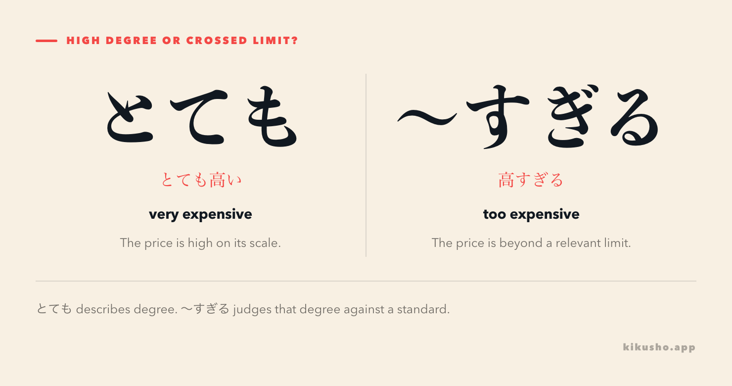 Two panels contrast とても with the example とても高い, a high degree, and ~すぎる with 高すぎる, a price beyond a useful or acceptable limit.