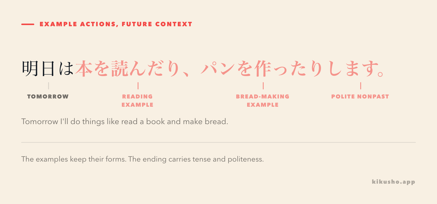 An annotated sentence separates 明日は as tomorrow, 本を読んだり and パンを作ったり as example actions, and します as the polite nonpast ending.