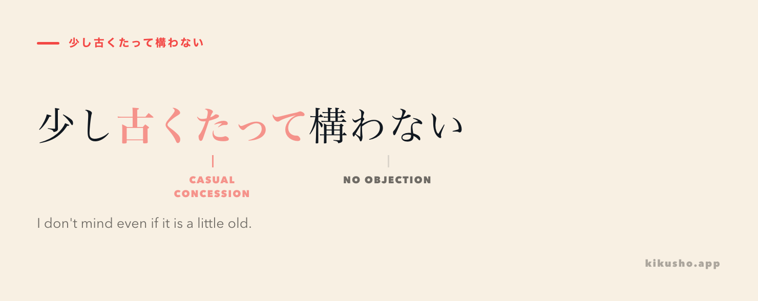 The sentence sukoshi furukutatte kamawanai is labelled as degree, casual concession and no-objection judgment.