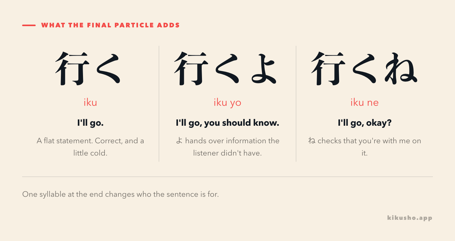 Three panels showing the same verb with different sentence-final particles: 行く as a flat statement, 行くよ presenting it as news, and 行くね checking for agreement.