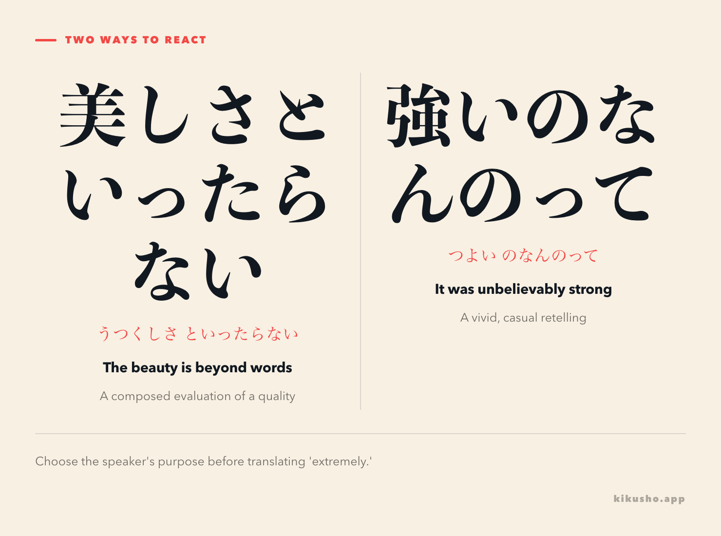 Two speech scenes compare a composed evaluation with といったらない and an animated anecdote with のなんのって.