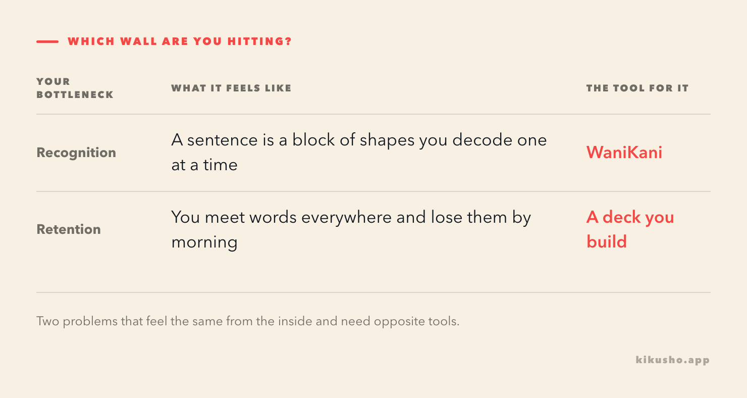 A two-row table matching a symptom to a tool: a wall of unreadable characters points to WaniKani, words that slip away overnight point to your own capture.