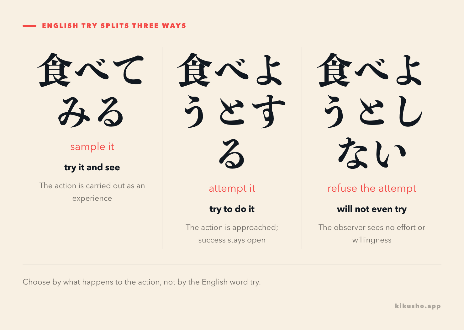 Three related expressions contrasted as trying something for experience, attempting an action and refusing to make the attempt.